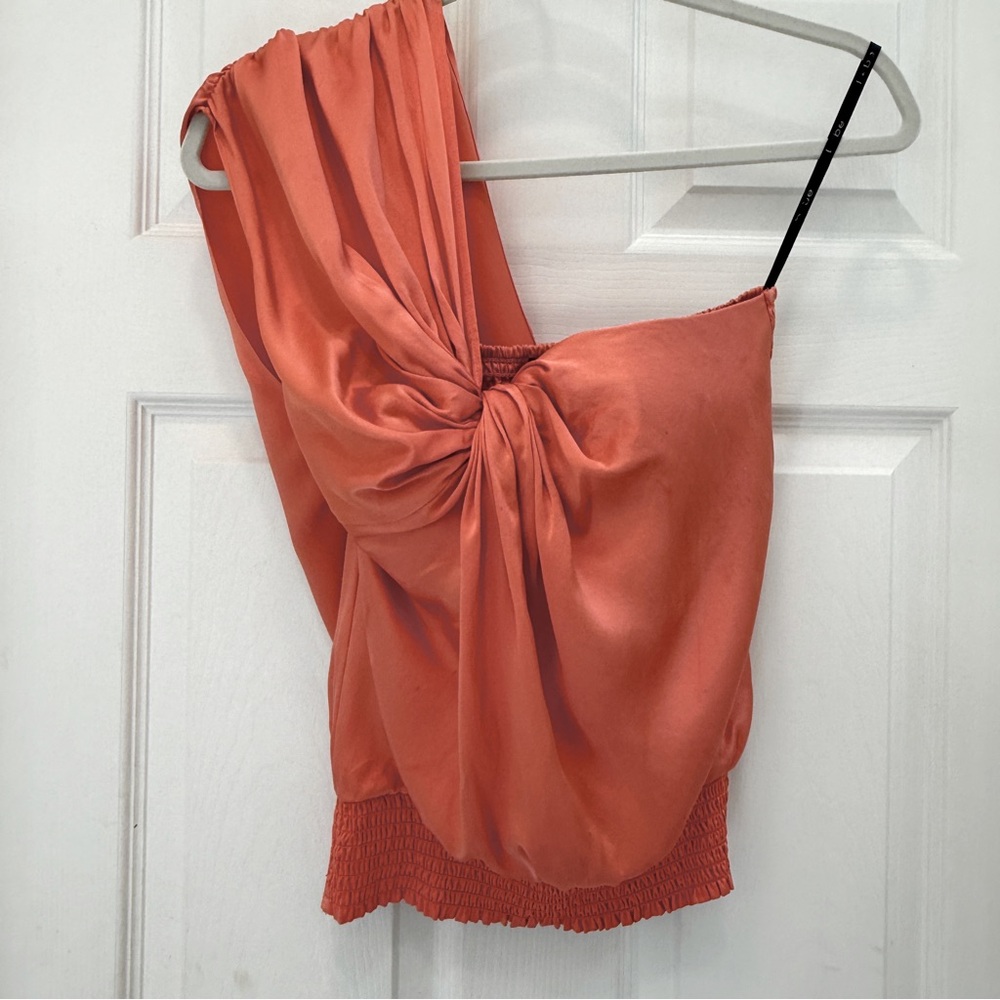 Bebe Y2K 100% silk going out top draped one shoulder orange smocked sewn in bra